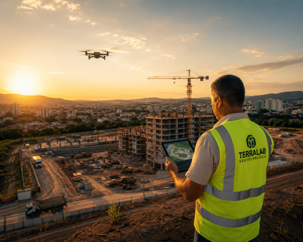 Profissional da TerraLab Engenharia realizando aerolevantamento com drone para levantamento topográfico e monitoramento de obras.